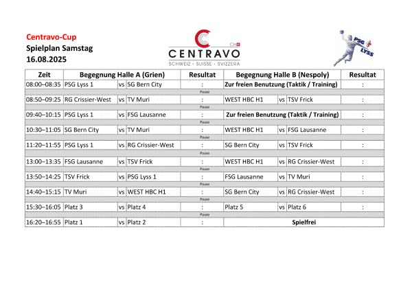Spielplan Centravo-Cup Samstag, Herren 1. & 2. Liga