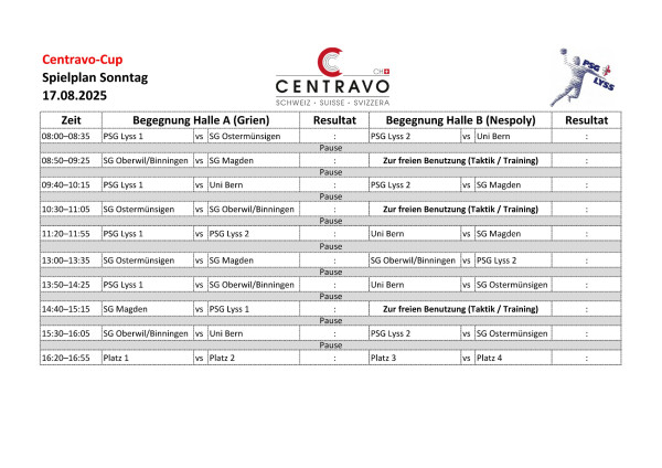 Spielplan Centravo-Cup Sonntag, Damen 2. & 3. Liga